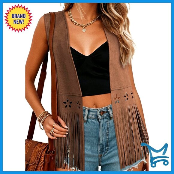 Jackets & Blazers - Large Faux Suede Fringe Vest Western Sleeveless Hollow Out Tassel